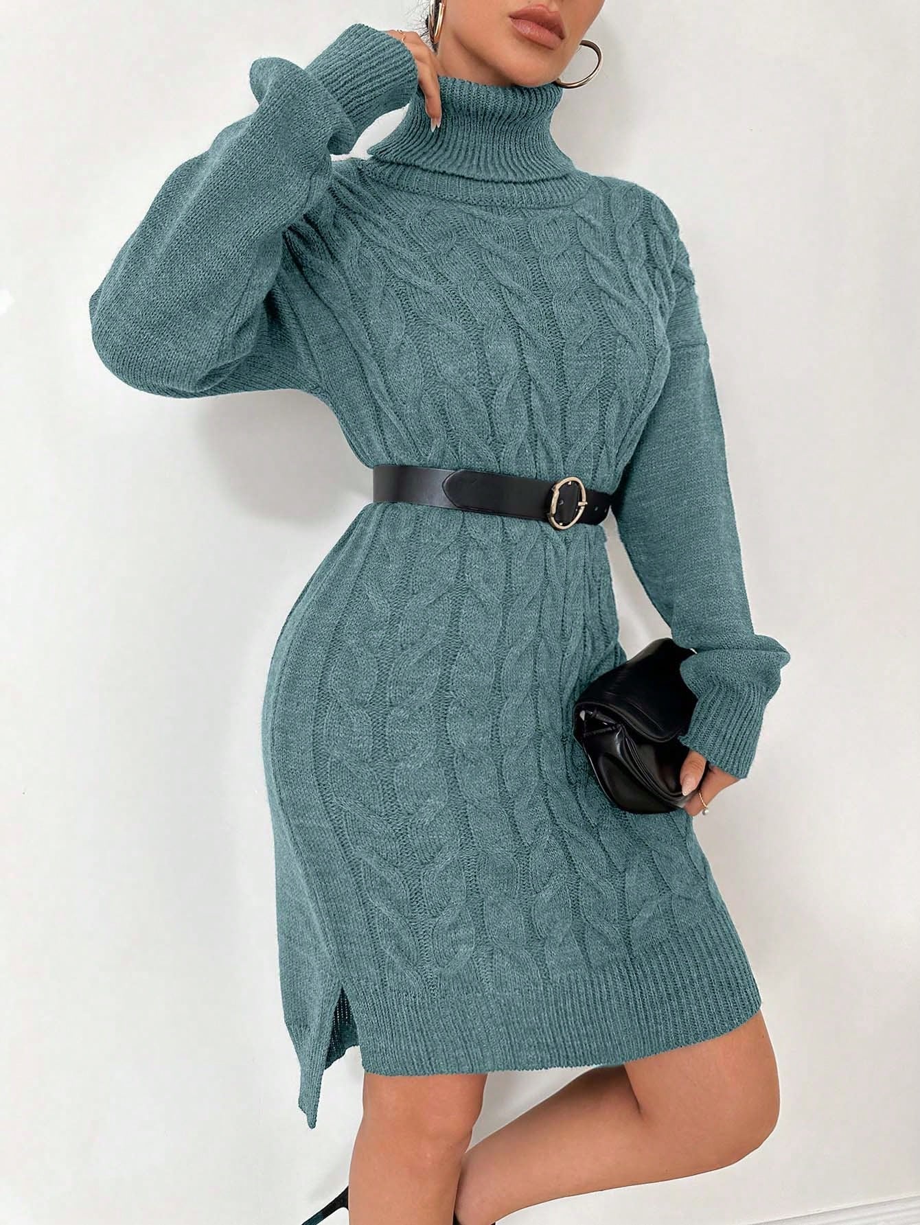 Top de punto de algodón Ruechic de largo medio para mujer con tejido floral complejo, cuello vuelto, cinturón en la cintura y dobladillo asimétrico.