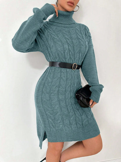 Top de punto de algodón Ruechic de largo medio para mujer con tejido floral complejo, cuello vuelto, cinturón en la cintura y dobladillo asimétrico.
