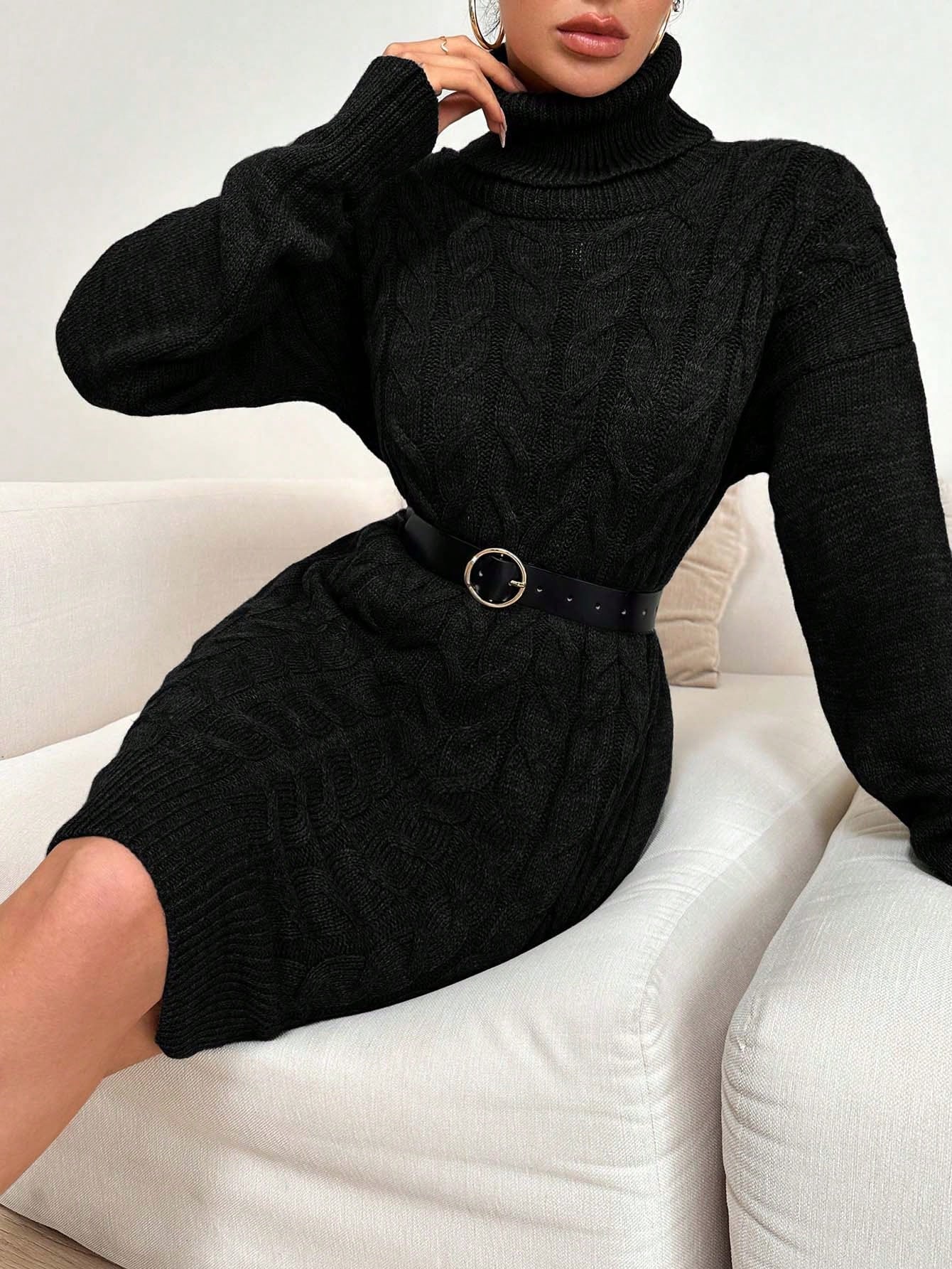 Top de punto de algodón Ruechic de largo medio para mujer con tejido floral complejo, cuello vuelto, cinturón en la cintura y dobladillo asimétrico.