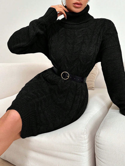 Top de punto de algodón Ruechic de largo medio para mujer con tejido floral complejo, cuello vuelto, cinturón en la cintura y dobladillo asimétrico.